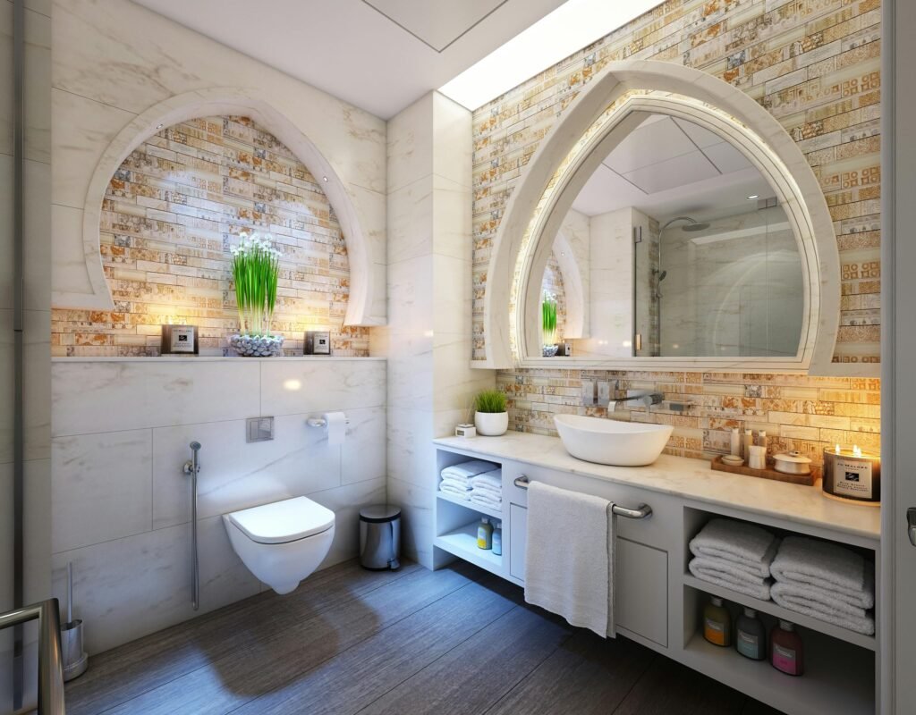 pexels photo 342800 342800 Elegant modern bathroom with marble tiles, ambient lighting, and stylish decor.